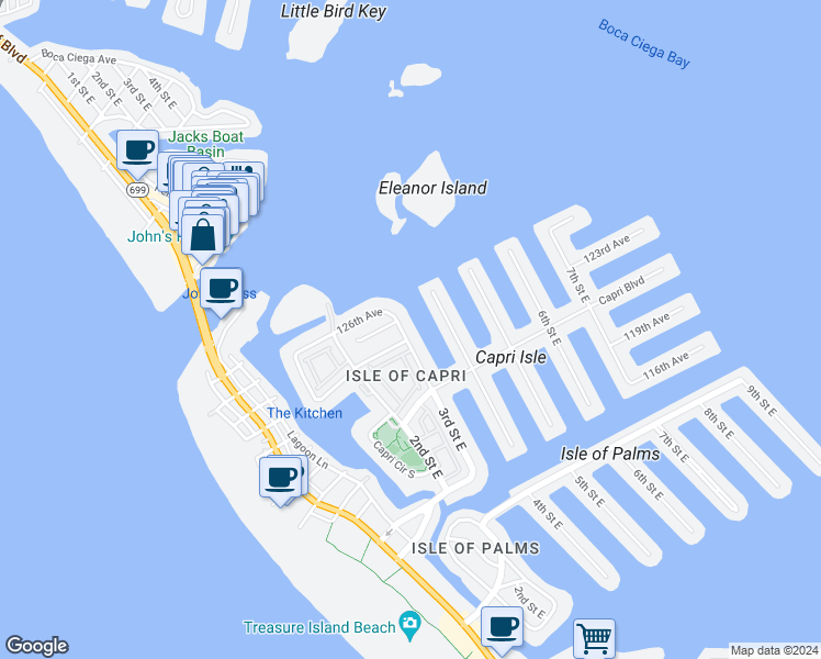 map of restaurants, bars, coffee shops, grocery stores, and more near 12405 3rd Street East in Treasure Island