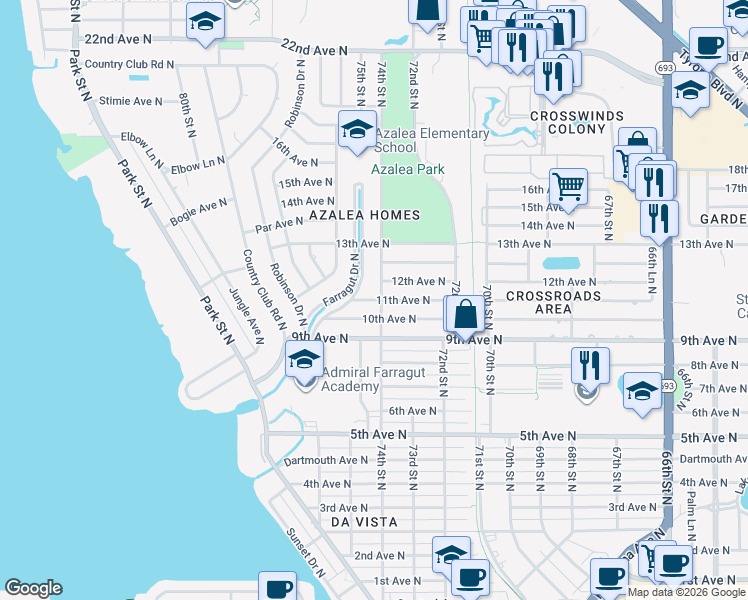 map of restaurants, bars, coffee shops, grocery stores, and more near 1119 Farragut Drive North in St. Petersburg