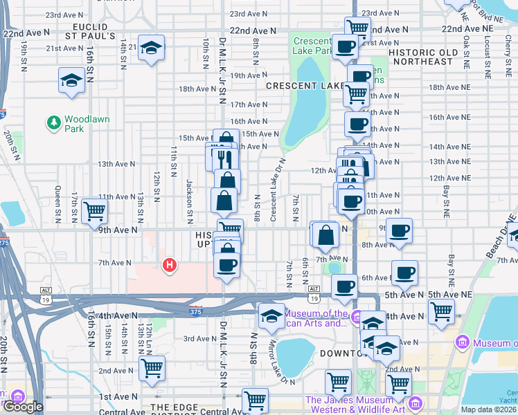 map of restaurants, bars, coffee shops, grocery stores, and more near 1017 8th Street North in Saint Petersburg