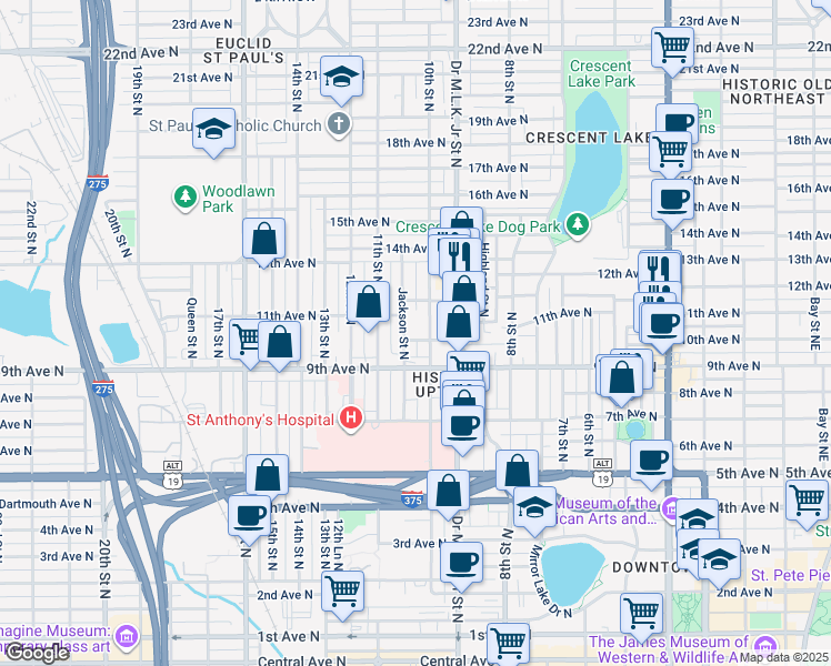 map of restaurants, bars, coffee shops, grocery stores, and more near 1105 Jackson Street North in St. Petersburg