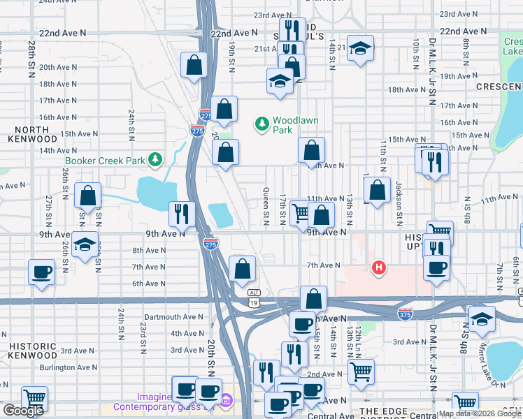 map of restaurants, bars, coffee shops, grocery stores, and more near 1751 11th Avenue North in St. Petersburg