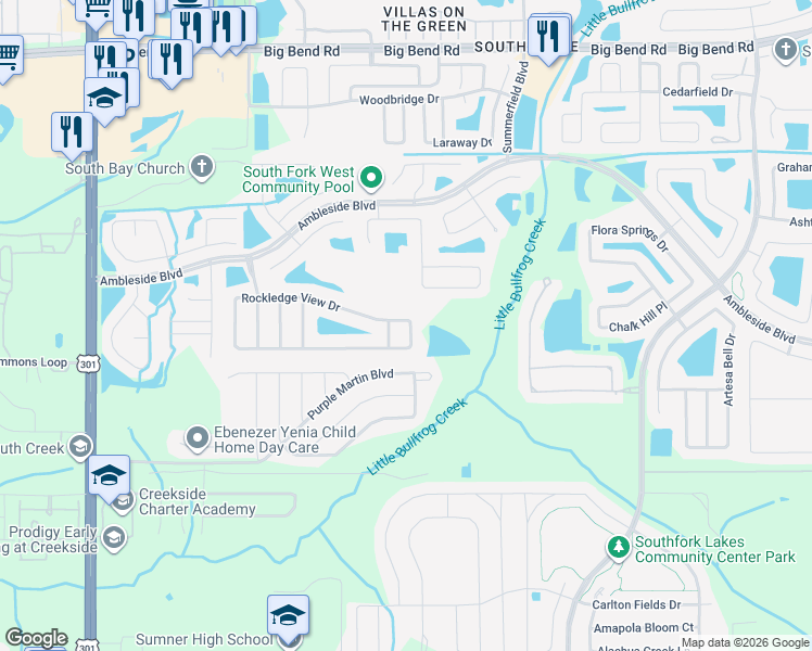 map of restaurants, bars, coffee shops, grocery stores, and more near 10918 Rockledge View Drive in Riverview