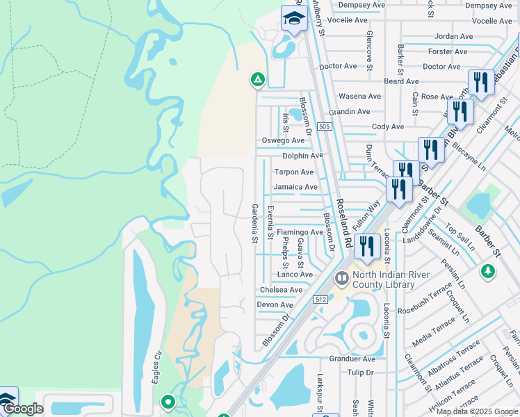 map of restaurants, bars, coffee shops, grocery stores, and more near 973 Gardenia Street in Sebastian