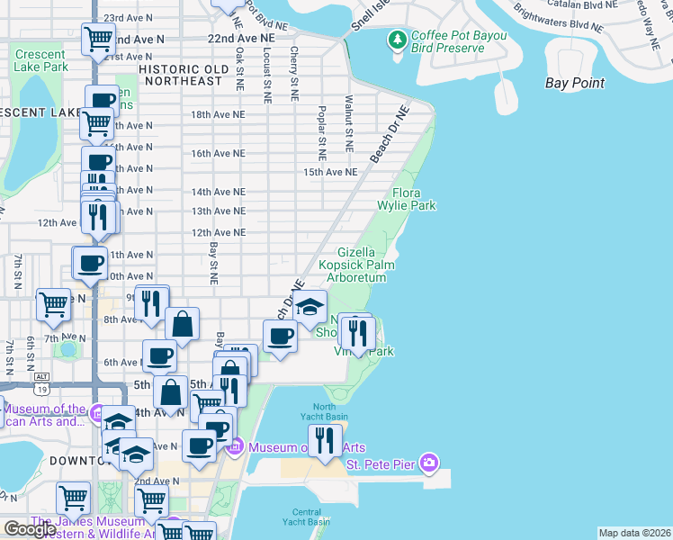 map of restaurants, bars, coffee shops, grocery stores, and more near 66 11th Avenue Northeast in St. Petersburg