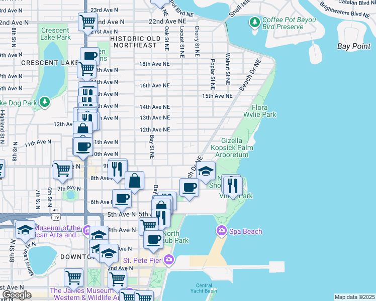 map of restaurants, bars, coffee shops, grocery stores, and more near 1056 Locust Street Northeast in St. Petersburg