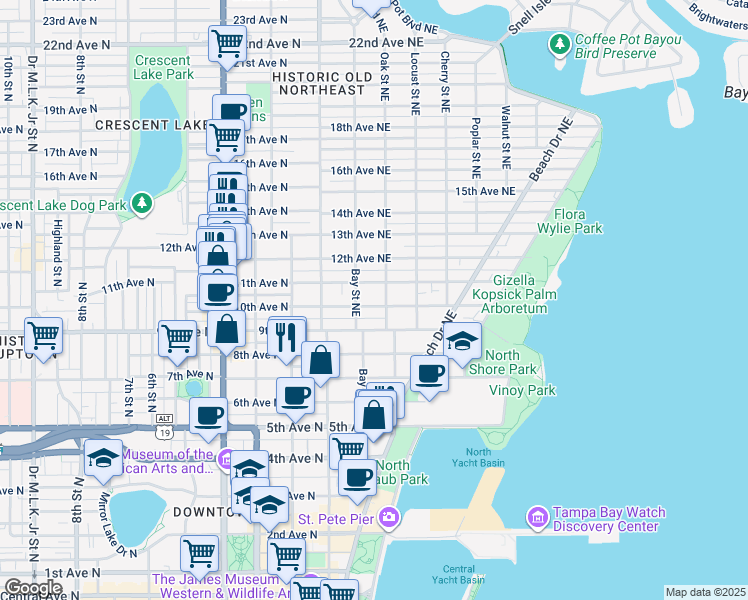 map of restaurants, bars, coffee shops, grocery stores, and more near 250 11th Avenue Northeast in St. Petersburg