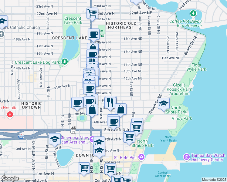 map of restaurants, bars, coffee shops, grocery stores, and more near 112 11th Avenue North in St. Petersburg