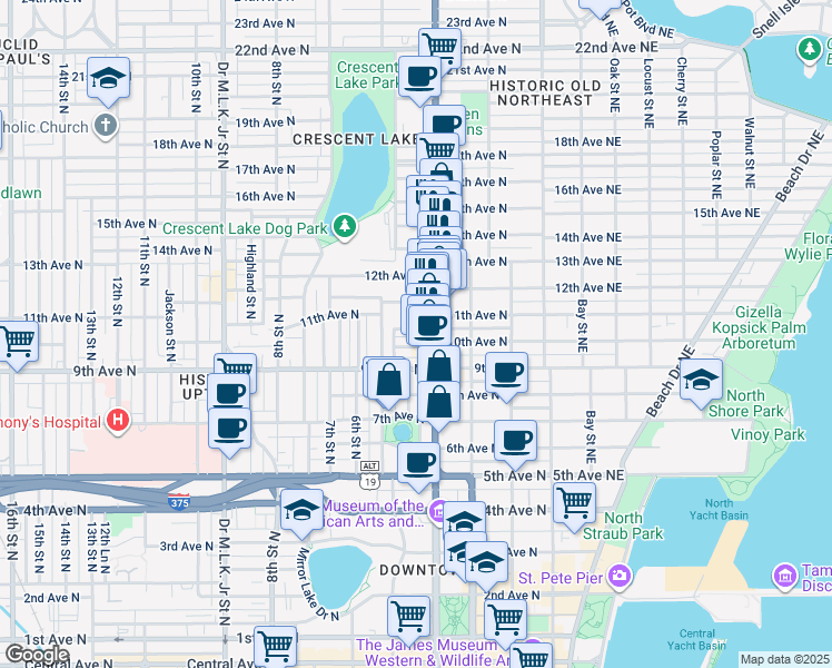 map of restaurants, bars, coffee shops, grocery stores, and more near 451 Joyce Terrace North in St. Petersburg