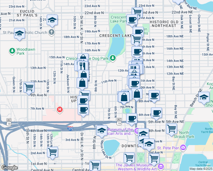 map of restaurants, bars, coffee shops, grocery stores, and more near 1048 7th Street North in St. Petersburg