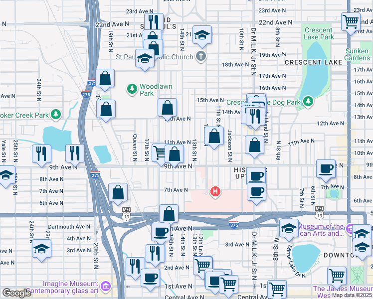 map of restaurants, bars, coffee shops, grocery stores, and more near 1100 14th Street North in St. Petersburg