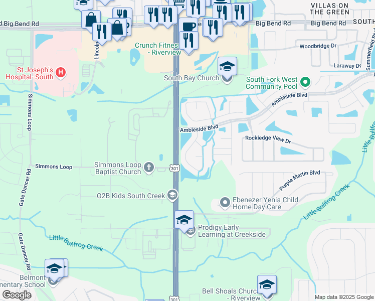 map of restaurants, bars, coffee shops, grocery stores, and more near 13714 Ogakor Drive in Riverview