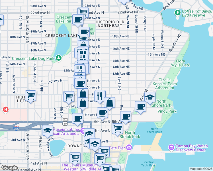 map of restaurants, bars, coffee shops, grocery stores, and more near 112 11th Avenue North in St. Petersburg