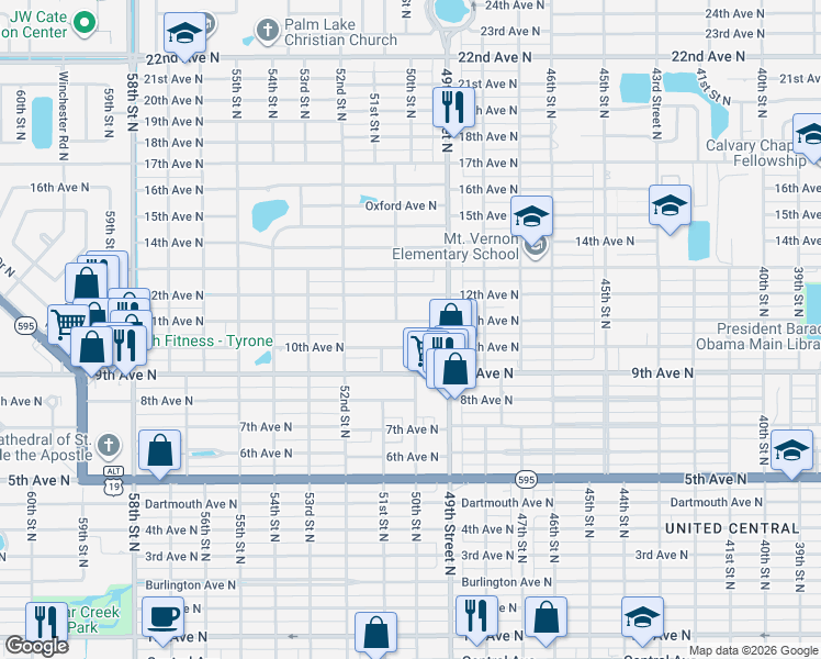 map of restaurants, bars, coffee shops, grocery stores, and more near 4945 11th Avenue North in St. Petersburg