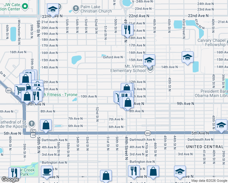 map of restaurants, bars, coffee shops, grocery stores, and more near 4945 11th Avenue North in St. Petersburg