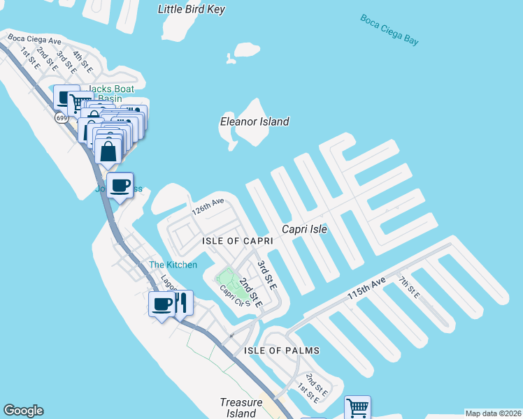 map of restaurants, bars, coffee shops, grocery stores, and more near 12430 4th Street East in Treasure Island