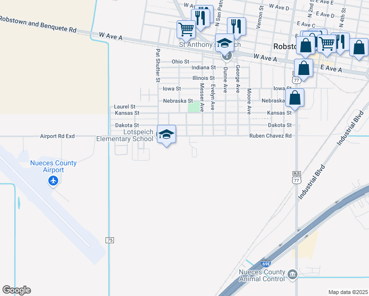 map of restaurants, bars, coffee shops, grocery stores, and more near 1000 Ruben Chavez Road in Robstown