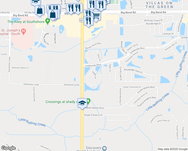 map of restaurants, bars, coffee shops, grocery stores, and more near 13810 Ogakor Drive in Riverview