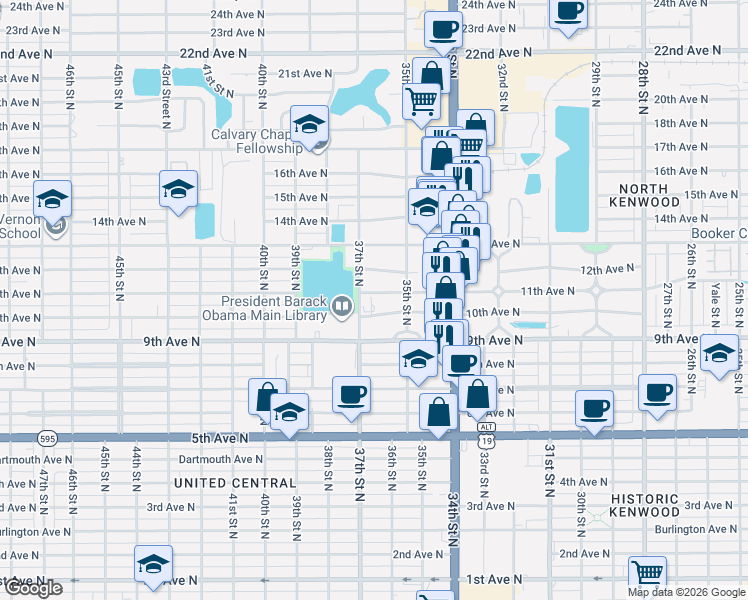 map of restaurants, bars, coffee shops, grocery stores, and more near 3629 11th Avenue North in St. Petersburg