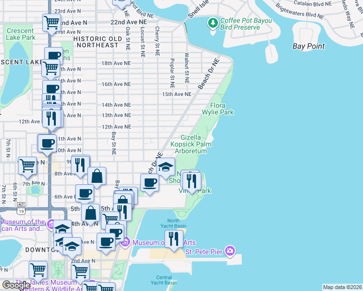 map of restaurants, bars, coffee shops, grocery stores, and more near 66 11th Avenue Northeast in St. Petersburg