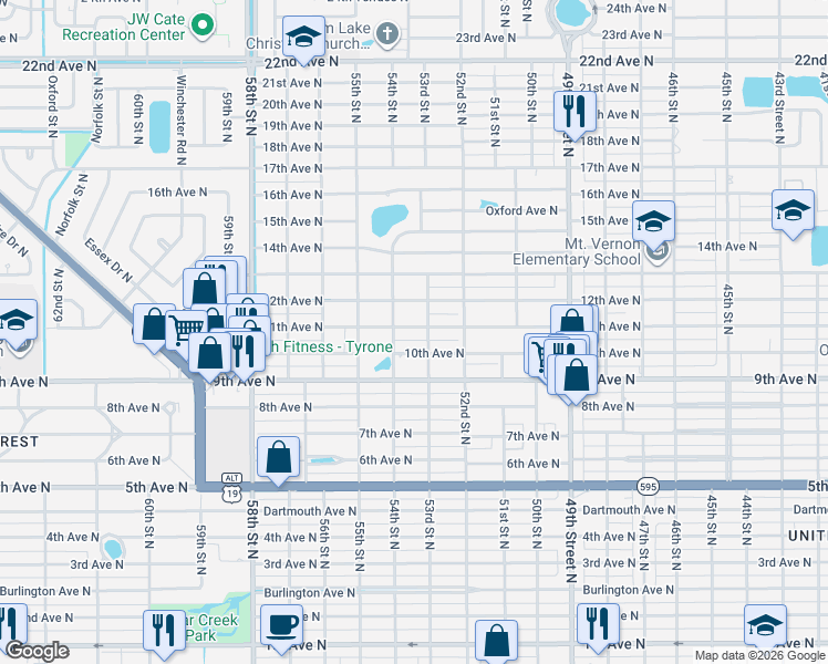 map of restaurants, bars, coffee shops, grocery stores, and more near 1100 53rd Street North in St. Petersburg
