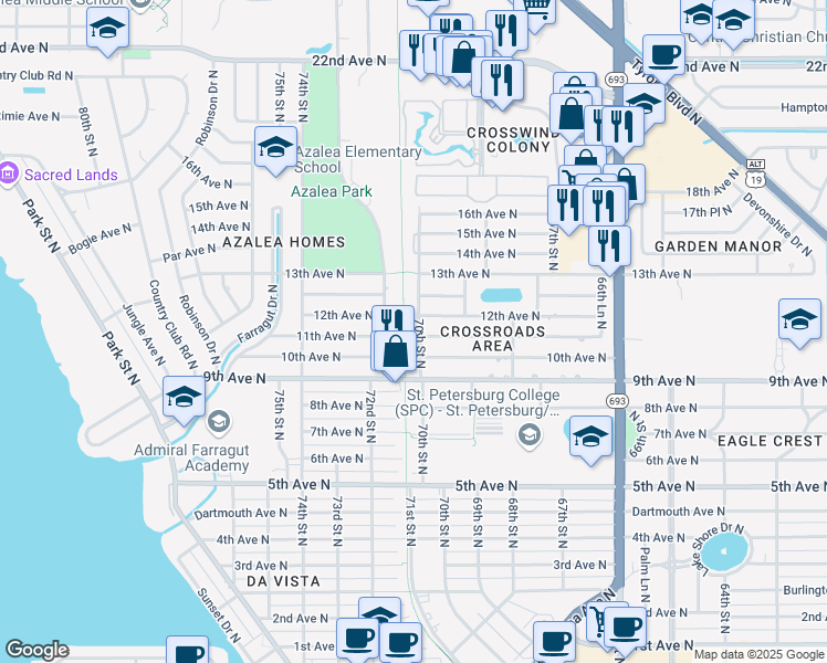 map of restaurants, bars, coffee shops, grocery stores, and more near 1131 72nd Street North in St. Petersburg