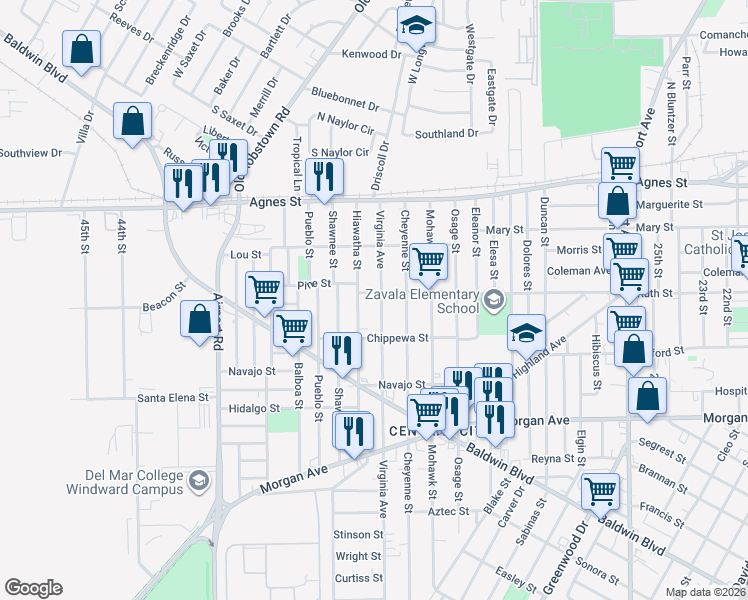 map of restaurants, bars, coffee shops, grocery stores, and more near 242 Virginia Avenue in Corpus Christi