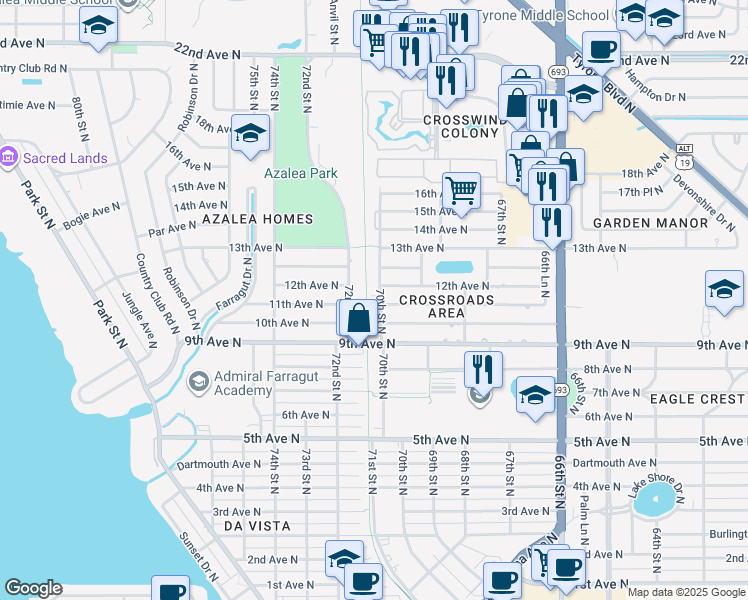 map of restaurants, bars, coffee shops, grocery stores, and more near 1131 72nd Street North in St. Petersburg