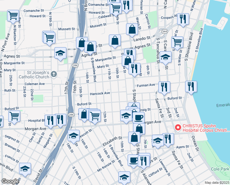 map of restaurants, bars, coffee shops, grocery stores, and more near Hancock Avenue in Corpus Christi