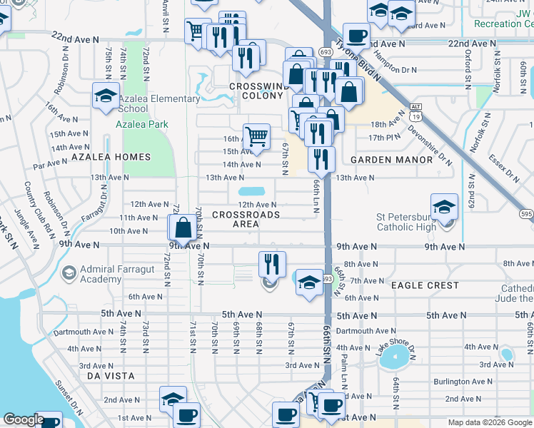 map of restaurants, bars, coffee shops, grocery stores, and more near 6778 12th Avenue North in St. Petersburg