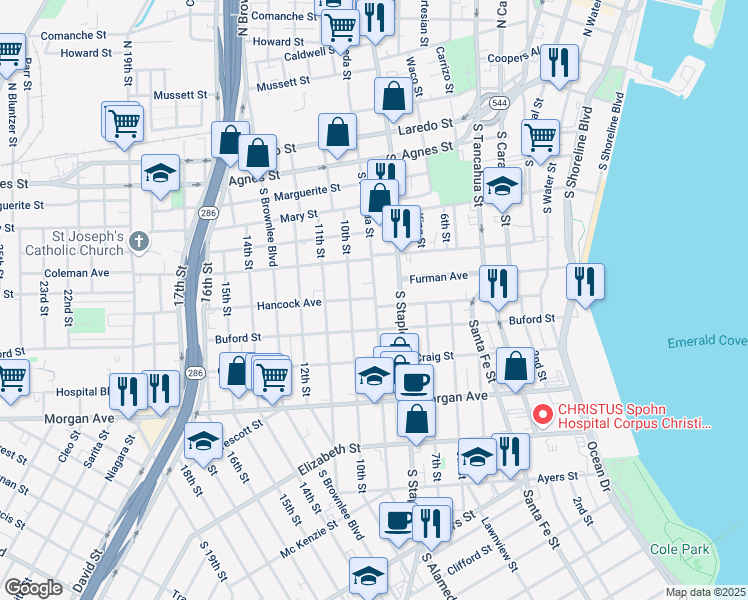 map of restaurants, bars, coffee shops, grocery stores, and more near 1201 Hancock Avenue in Corpus Christi