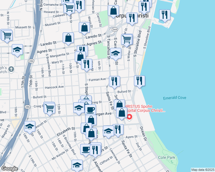 map of restaurants, bars, coffee shops, grocery stores, and more near S Tancahua St & Hancock Ave in Corpus Christi