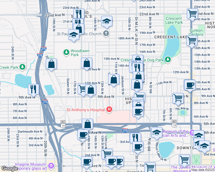 map of restaurants, bars, coffee shops, grocery stores, and more near 1101 13th Street North in St. Petersburg