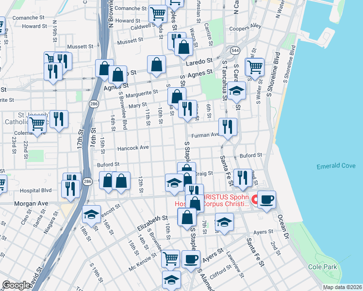 map of restaurants, bars, coffee shops, grocery stores, and more near 912 South Alameda Street in Corpus Christi