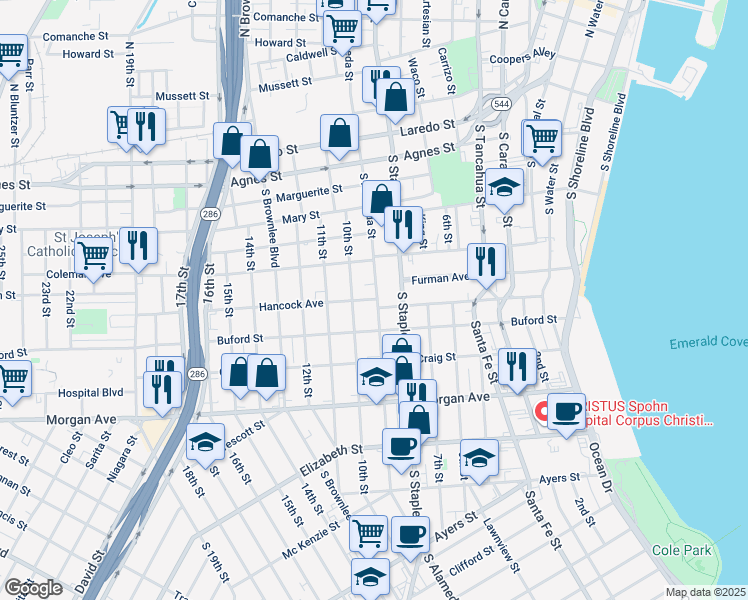 map of restaurants, bars, coffee shops, grocery stores, and more near 912 South Alameda Street in Corpus Christi