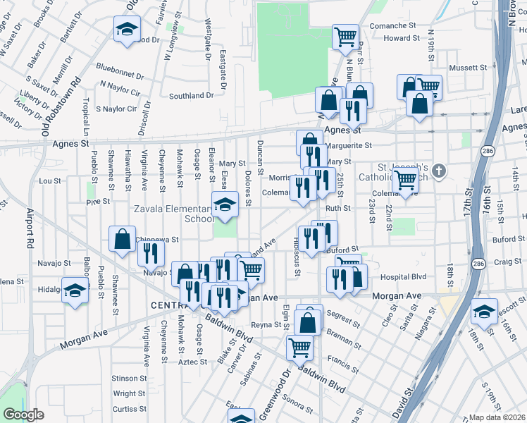 map of restaurants, bars, coffee shops, grocery stores, and more near 2930 Ruth Street in Corpus Christi