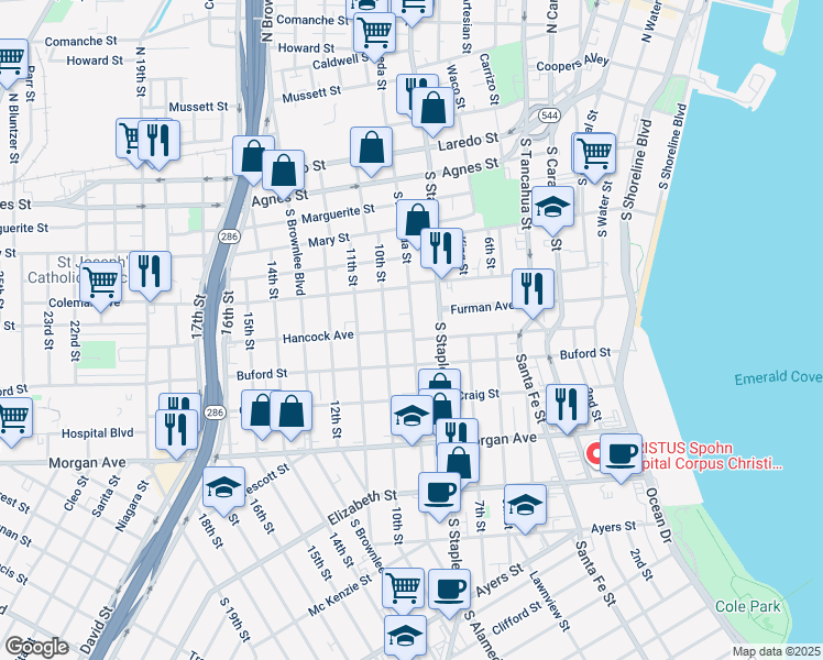 map of restaurants, bars, coffee shops, grocery stores, and more near 1201 Hancock Street in Corpus Christi