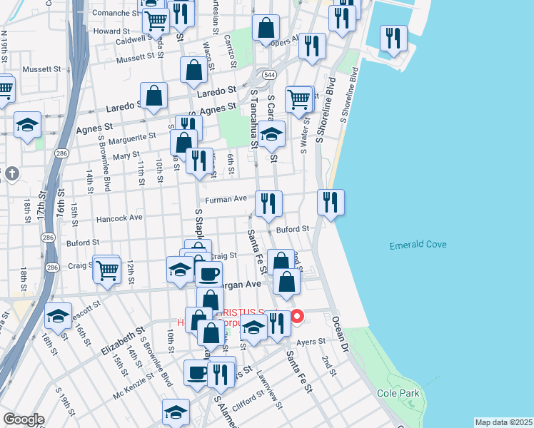 map of restaurants, bars, coffee shops, grocery stores, and more near South Tancahua Street & Hancock Street & 3rd Street in Corpus Christi