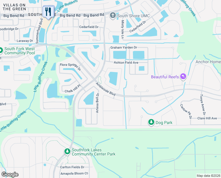 map of restaurants, bars, coffee shops, grocery stores, and more near 13518 Fladgate mark Drive in Riverview