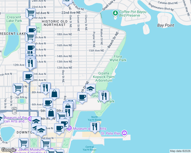 map of restaurants, bars, coffee shops, grocery stores, and more near 1012 North Shore Drive Northeast in St. Petersburg