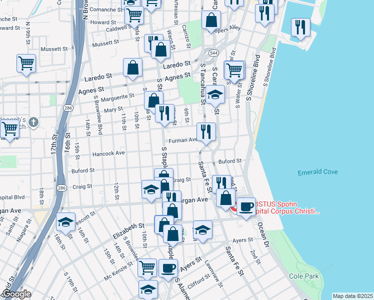 map of restaurants, bars, coffee shops, grocery stores, and more near 817 Furman Avenue in Corpus Christi