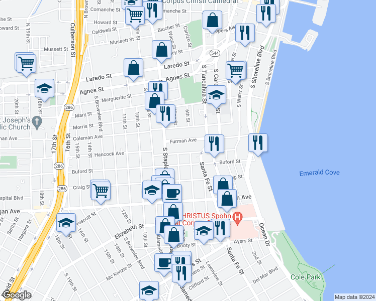 map of restaurants, bars, coffee shops, grocery stores, and more near 826 Hancock Avenue in Corpus Christi