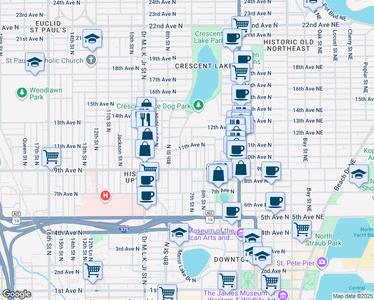 map of restaurants, bars, coffee shops, grocery stores, and more near 1032 Granville Court North in Saint Petersburg