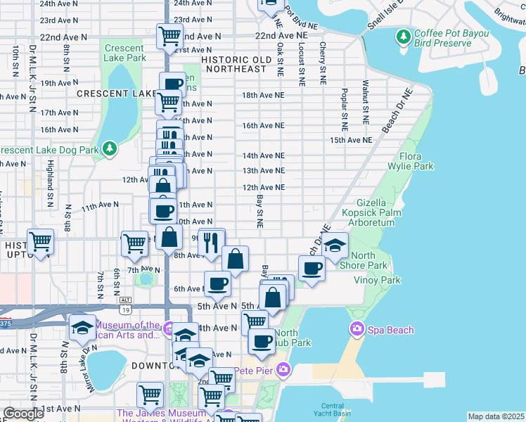 map of restaurants, bars, coffee shops, grocery stores, and more near 250 11th Avenue Northeast in St. Petersburg