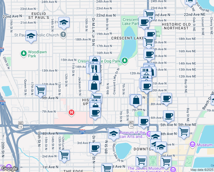 map of restaurants, bars, coffee shops, grocery stores, and more near 745 11th Avenue North in St. Petersburg