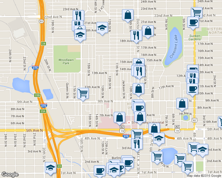 map of restaurants, bars, coffee shops, grocery stores, and more near 1100 11th Street North in St. Petersburg