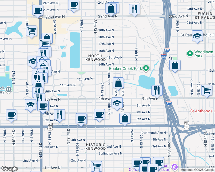 map of restaurants, bars, coffee shops, grocery stores, and more near 1054 26th Street North in St. Petersburg