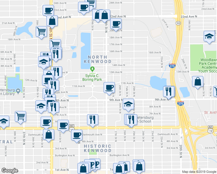 map of restaurants, bars, coffee shops, grocery stores, and more near 1101 28th Street North in St. Petersburg