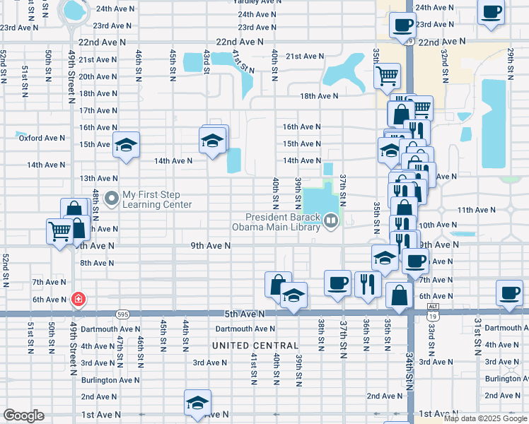 map of restaurants, bars, coffee shops, grocery stores, and more near 1120 41st Street North in St. Petersburg