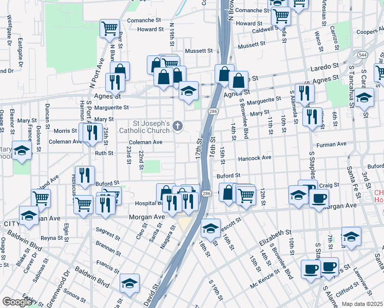 map of restaurants, bars, coffee shops, grocery stores, and more near 809 17th Street in Corpus Christi