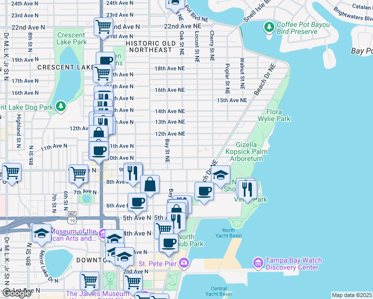 map of restaurants, bars, coffee shops, grocery stores, and more near 1056 Locust Street Northeast in St. Petersburg